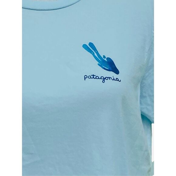 PATAGONIA Sky Blue Cap'n Cat Organic Crew Short Sleeve Tee Shirt Wm’s Size Mediu - Picture 2 of 5